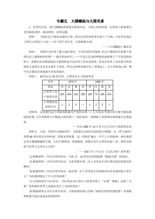 2018年中考历史总复习第2轮专题突破综合训练专题五大国崛起与大国关系练习