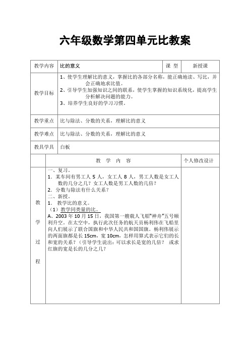 最新人教版六年级上册数学第四单元《比》全教案