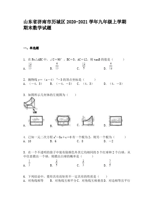 山东省济南市历城区2020-2021学年九年级上学期期末数学试题