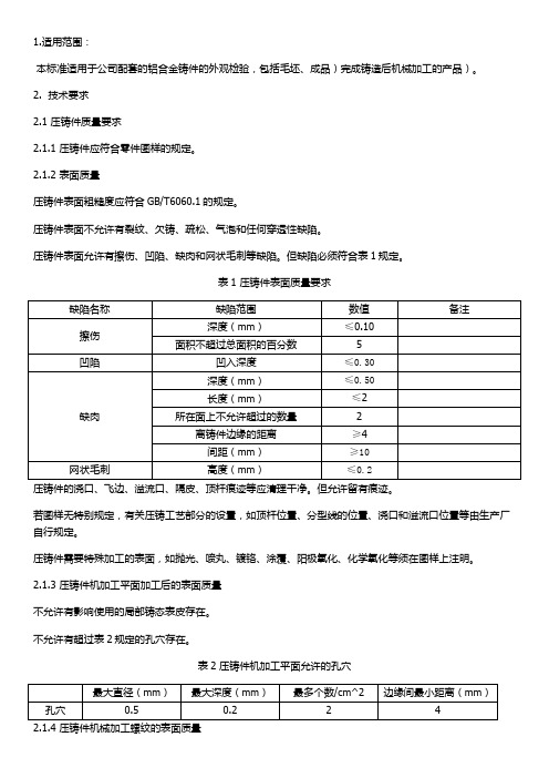 压铸件毛坯质量检验标准