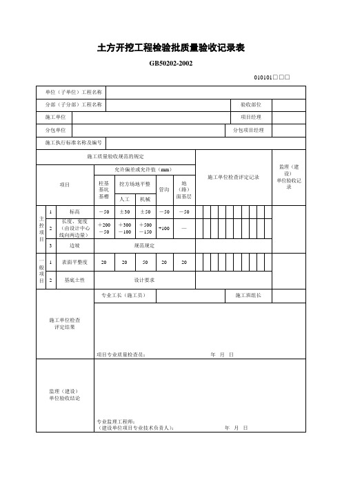 土方开挖工程检验批质量验收记录表