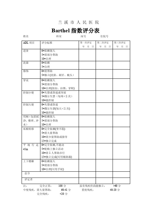 Barthel指数评分表