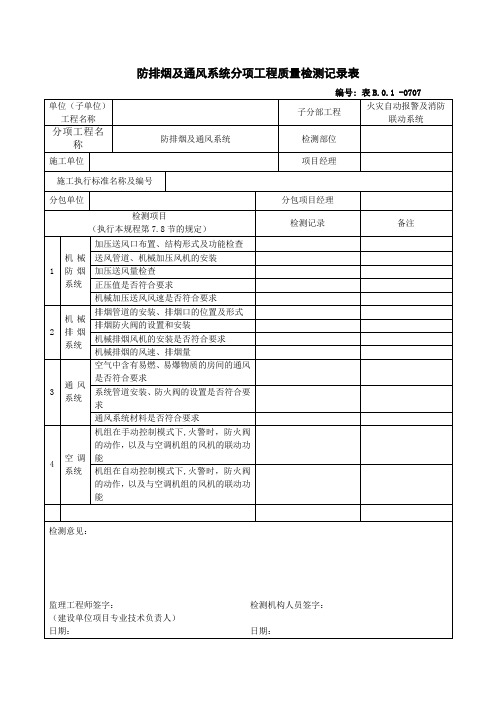 防排烟及通风系统分项工程质量检测记录表