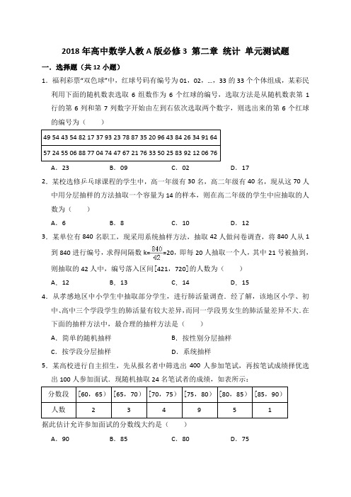 2018年高中数学人教A版必修3 第二章 统计 单元测试题(word版含答案)