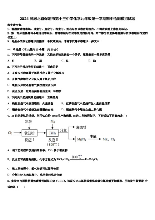 2024届河北省保定市第十三中学化学九年级第一学期期中检测模拟试题含解析