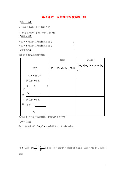 江苏省宿迁市高中数学第2章圆锥曲线与方程第8课时双曲线的标准方程2导学案(无答案)苏教版选修1_1