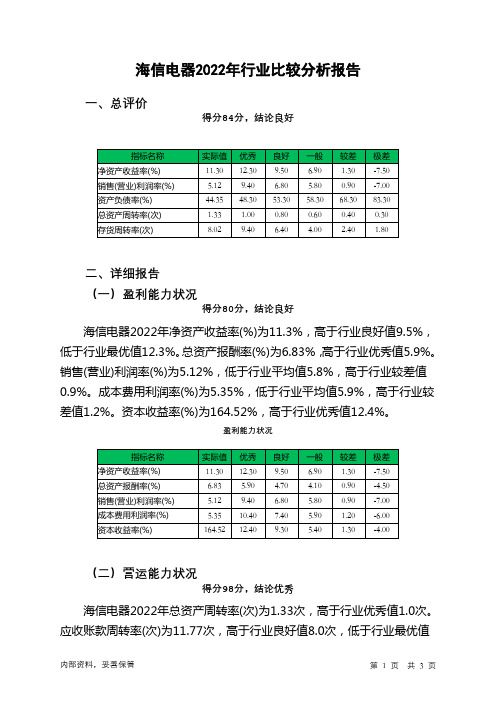 600060海信电器2022年行业比较分析报告