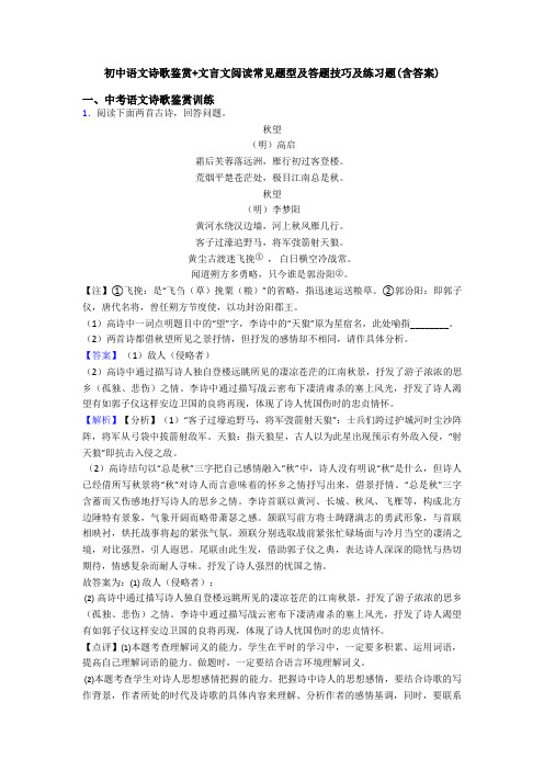 初中语文诗歌鉴赏+文言文阅读常见题型及答题技巧及练习题(含答案)