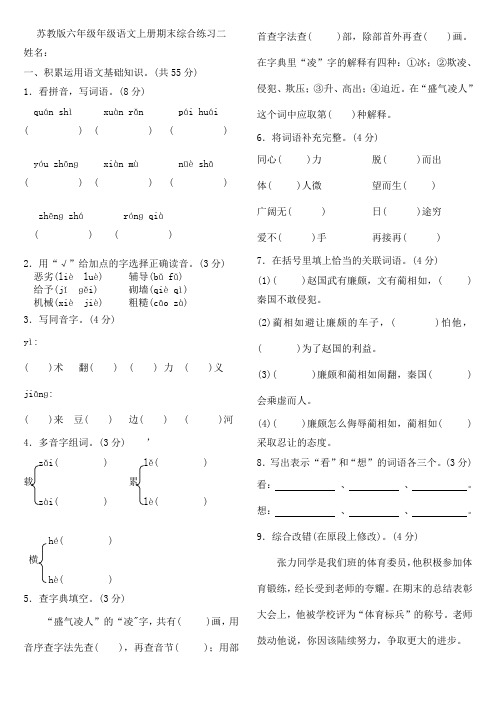 苏教版六年级年级语文上册期末综合练习二