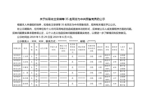 关于拟吸收王安琪等35名同志为中共预备党员的公示【模板】