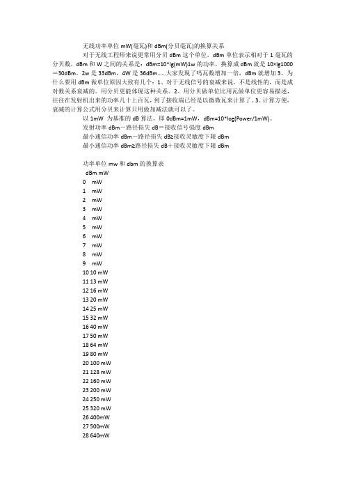 无线功率单位mW毫瓦和dBm分贝毫瓦的换算关系