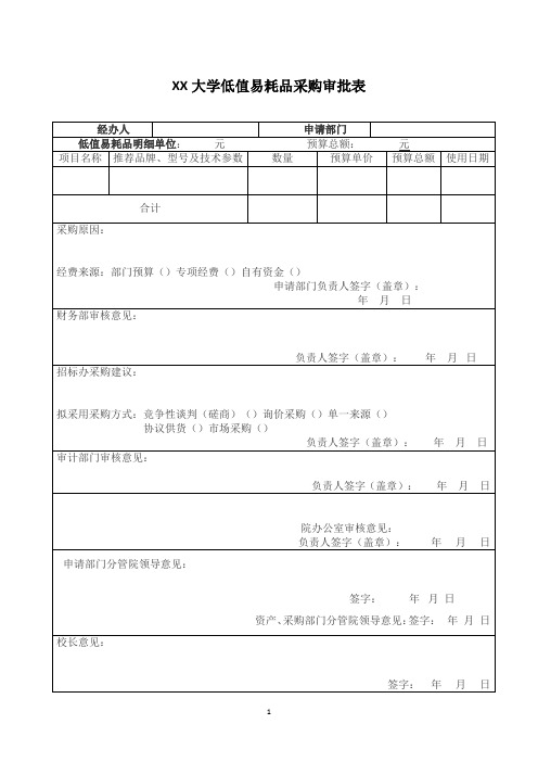 XX大学低值易耗品采购审批表