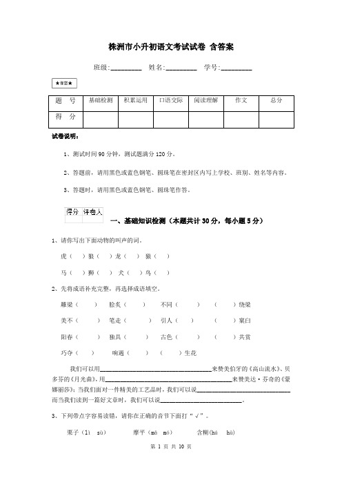 株洲市小升初语文考试试卷 含答案