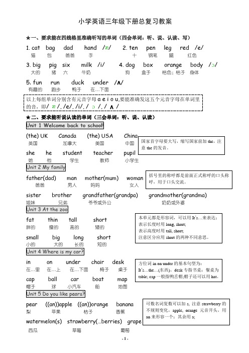 人教版PEP小学英语三年级下册期末总复习资料教案