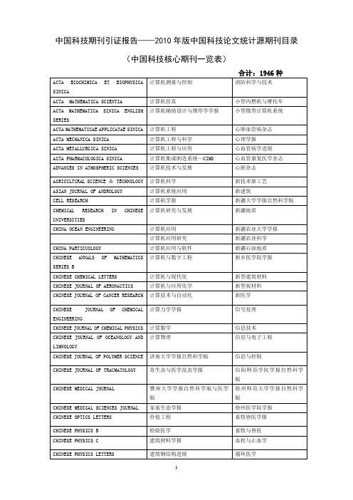 中国科技核心期刊一览表