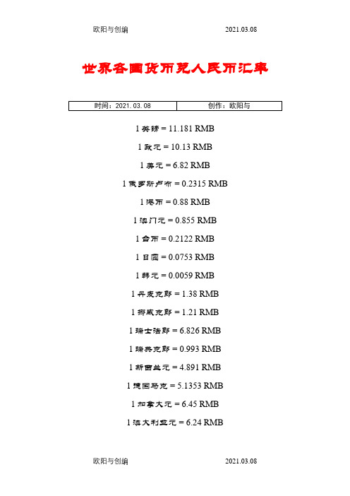 各国货币兑人民币汇率表之欧阳与创编