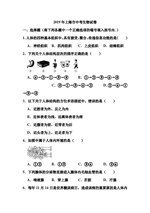 2019年上海市中考生物试卷和答案