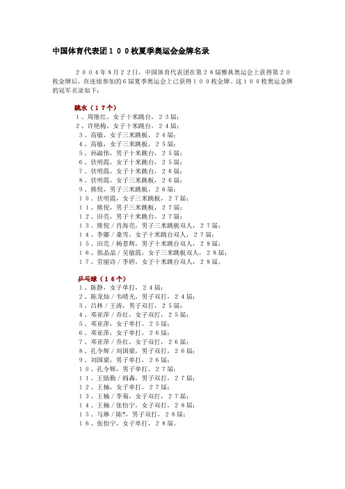 中国体育代表团100枚夏季奥运会金牌名录