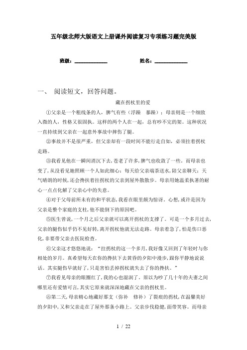 五年级北师大版语文上册课外阅读复习专项练习题完美版