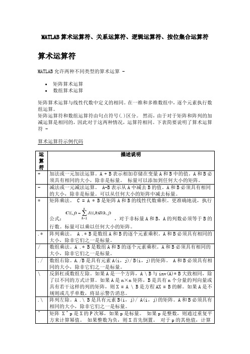 MATLAB算术运算符、关系运算符、逻辑运算符、按位集合运算符