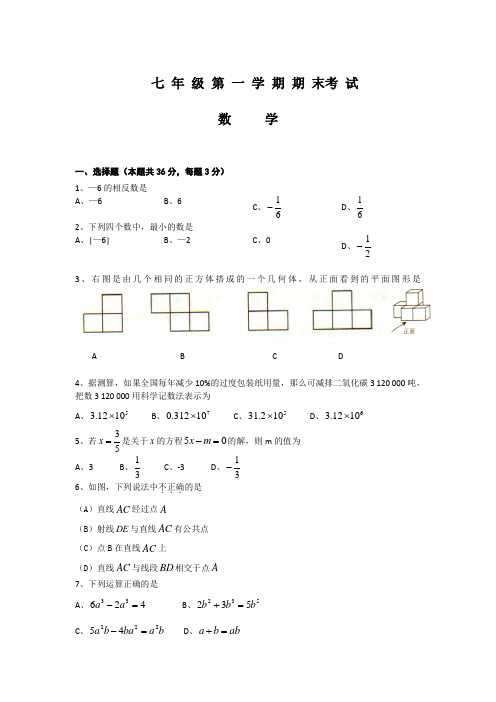 新人教版 七年级上学期期末考试数学试题  (含参考答案及评分标准)