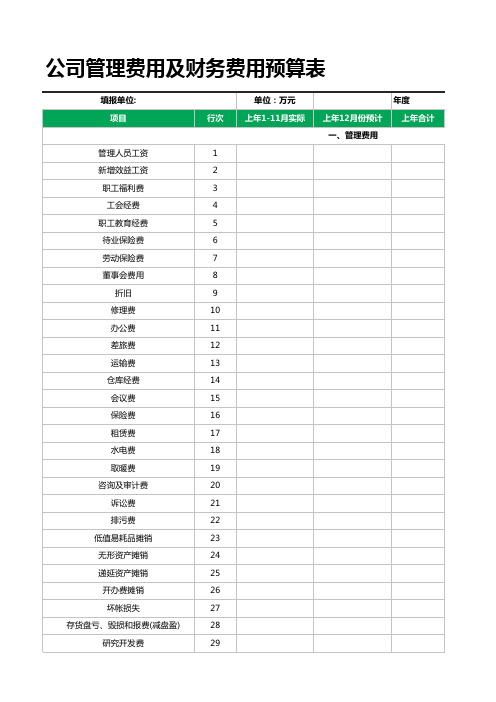 公司管理费用及财务费用预算表(专业完整格式模板)