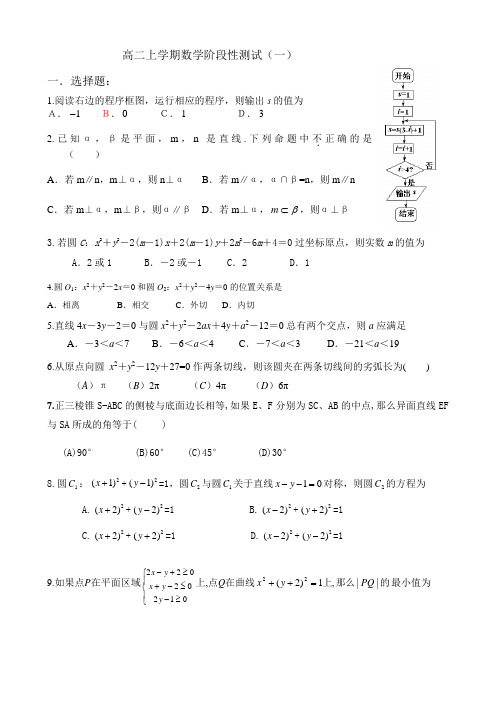 直线与圆,立几,算法与框图阶段性测试二