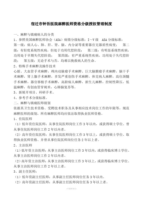 医院麻醉医师资格分级授权管理制度