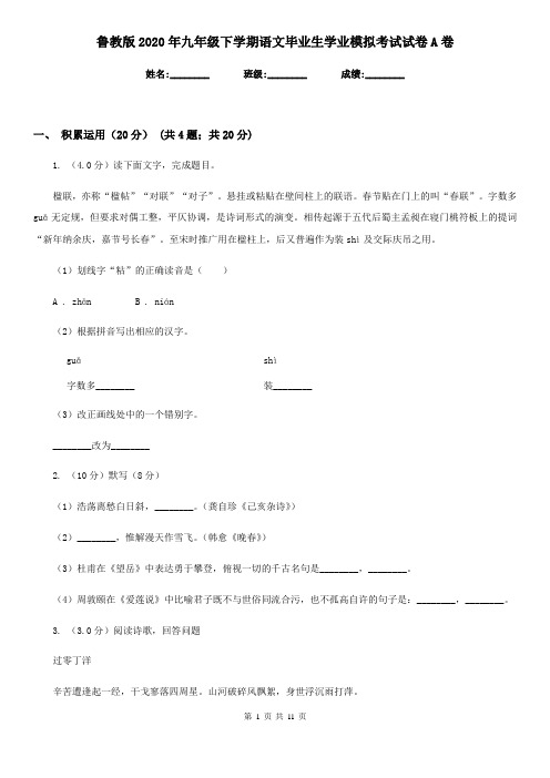 鲁教版2020年九年级下学期语文毕业生学业模拟考试试卷A卷