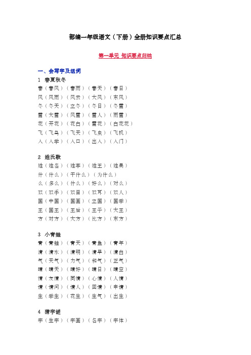 部编一年级语文(下册)全册知识要点汇总