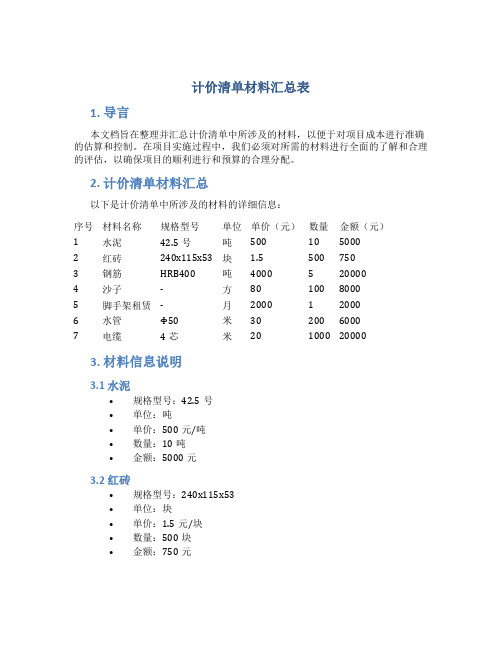 计价清单材料汇总表