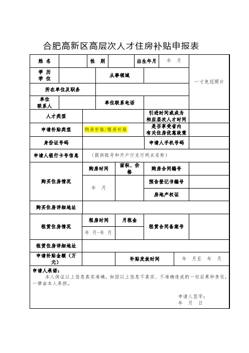 合肥高新区高层次人才住房补贴申报表【模板】