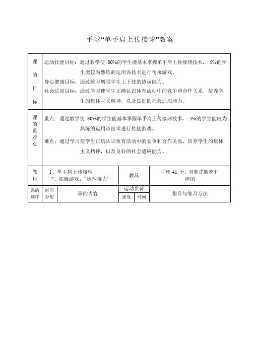 单手肩上传接球(教案) 体育二年级下册