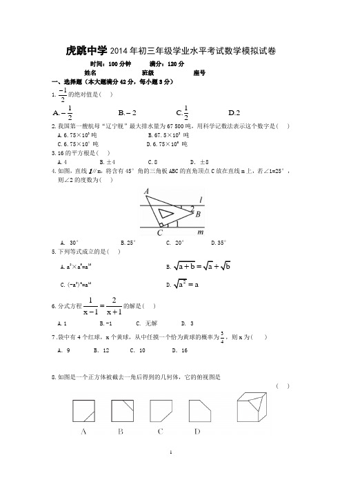 虎跳中学中考模拟试题