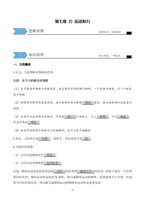 第七章--力-运动和力(思维导图+知识清单)中考物理一轮复习备课一体化资源