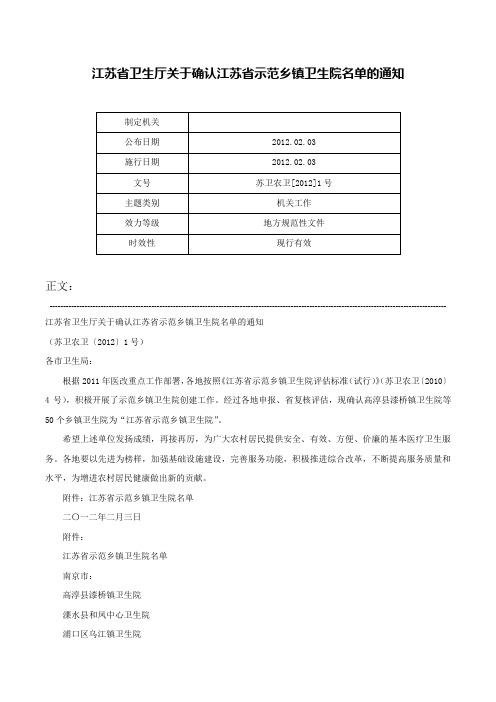 江苏省卫生厅关于确认江苏省示范乡镇卫生院名单的通知-苏卫农卫[2012]1号