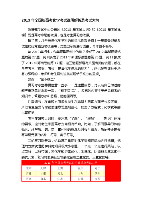 2013年全国版高考化学考试说明解析及考试大纲