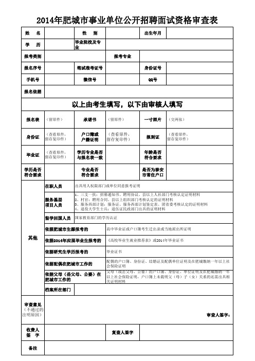 2014年肥城市事业单位公开招聘面试资格审查表xls