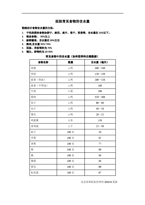 医院常见食物的含水量北京协和医院营养科