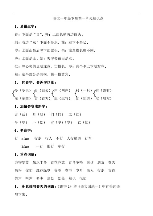 一年级下册语文全册单元知识点梳理