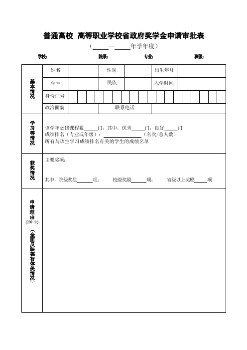 云南省省政府奖学金申请表