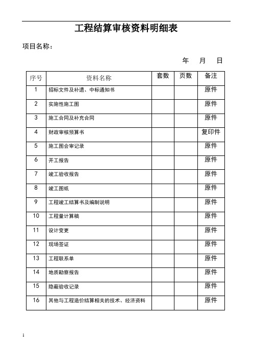 工程结算审核资料明细表