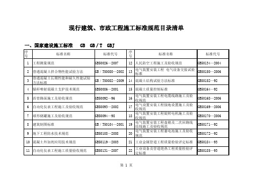 现行建筑、市政工程施工标准规范目录清单