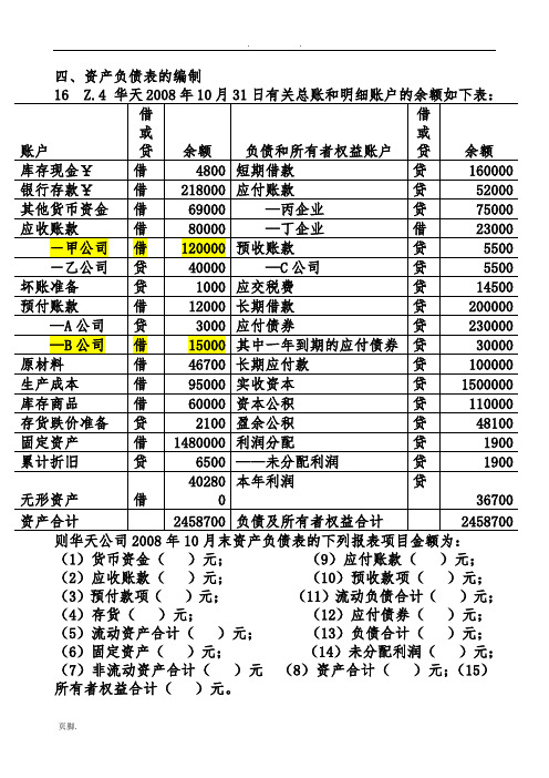 资产负债表和利润表计算题(题目)