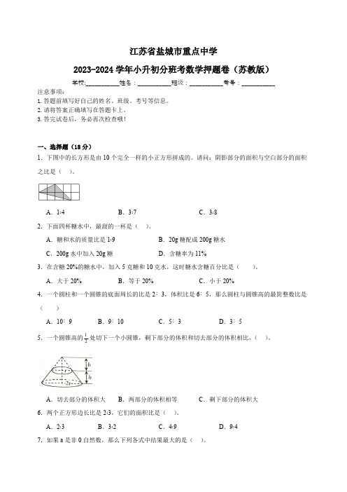 江苏省盐城市重点中学2023-2024学年小升初分班考数学押题卷(苏教版含答案)