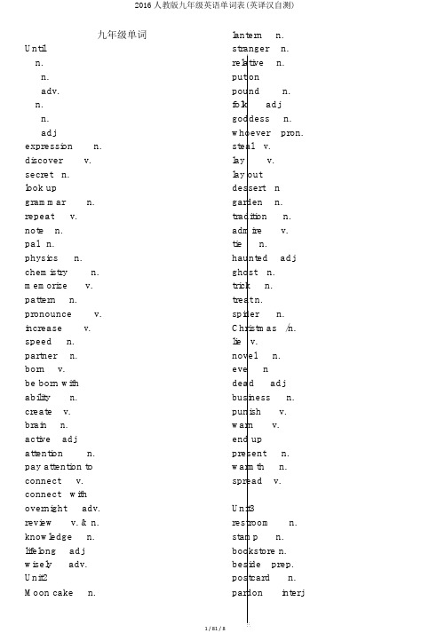 2016人教版九年级英语单词表(英译汉自测)