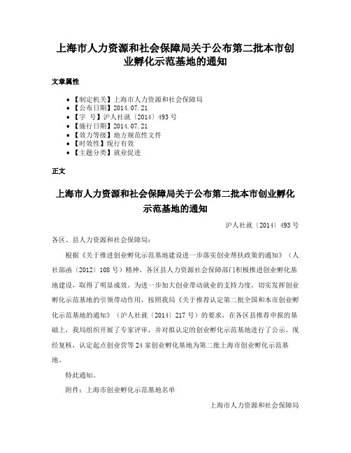 上海市人力资源和社会保障局关于公布第二批本市创业孵化示范基地的通知