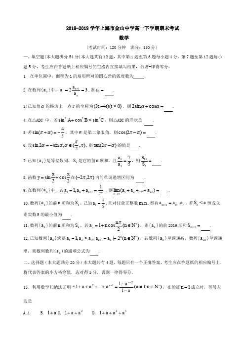 2018-2019学年上海市金山中学高一下学期期末考试数学Word版含答案