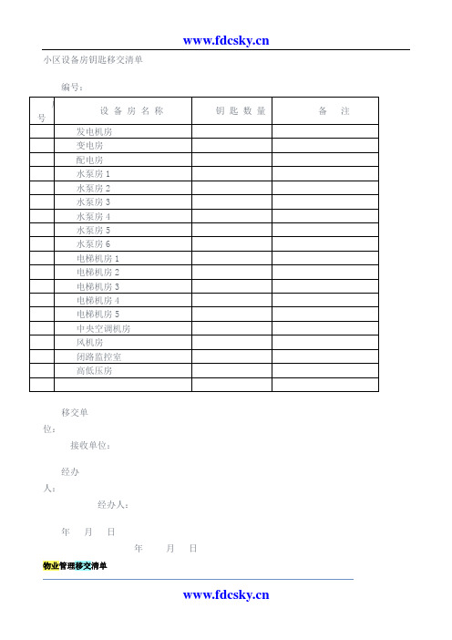 小区设备房钥匙移交清单