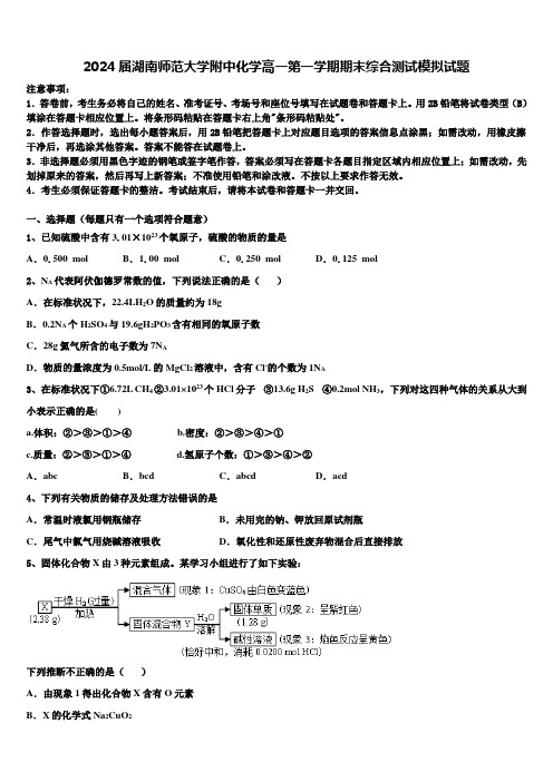 2024届湖南师范大学附中化学高一第一学期期末综合测试模拟试题含解析